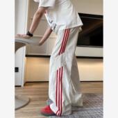 美式 子秋季 三条杠条纹速干冰丝裤 女士宽松直筒阔腿休闲跳舞运动裤