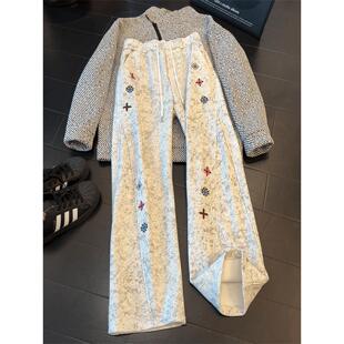 白灰色刺绣弯刀卫裤女女春秋新款美式扎染vibe裤子宽松直筒休闲裤