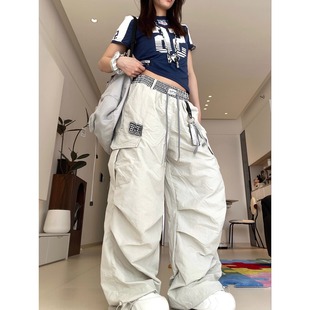 拼接假兩件休閑運(yùn)動(dòng)工裝 褲 秋季 女士傘兵口袋速干直筒褲 子 薄款 美式
