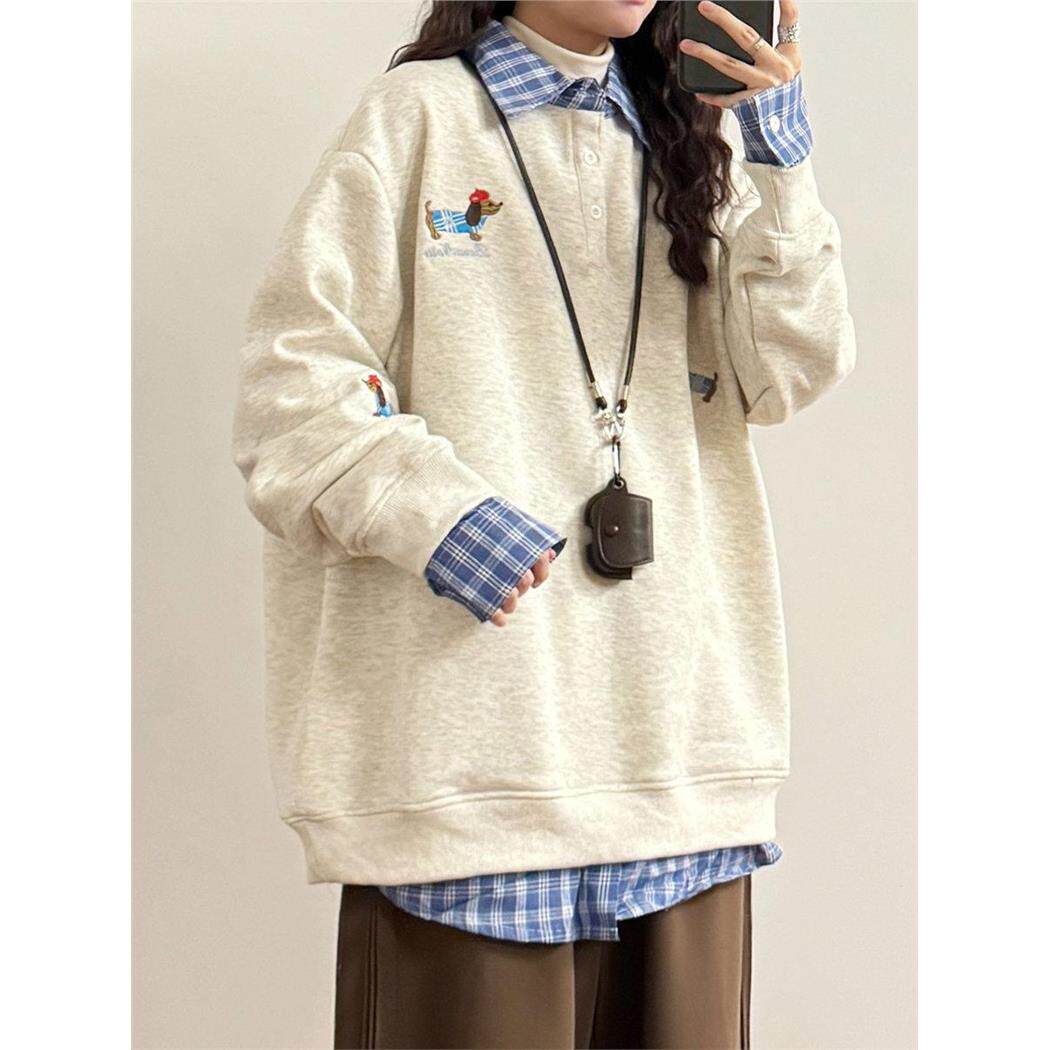 式覆古狗OLO卫衣学假两宽头衣美小刺绣格子P领女院风件松情侣套上