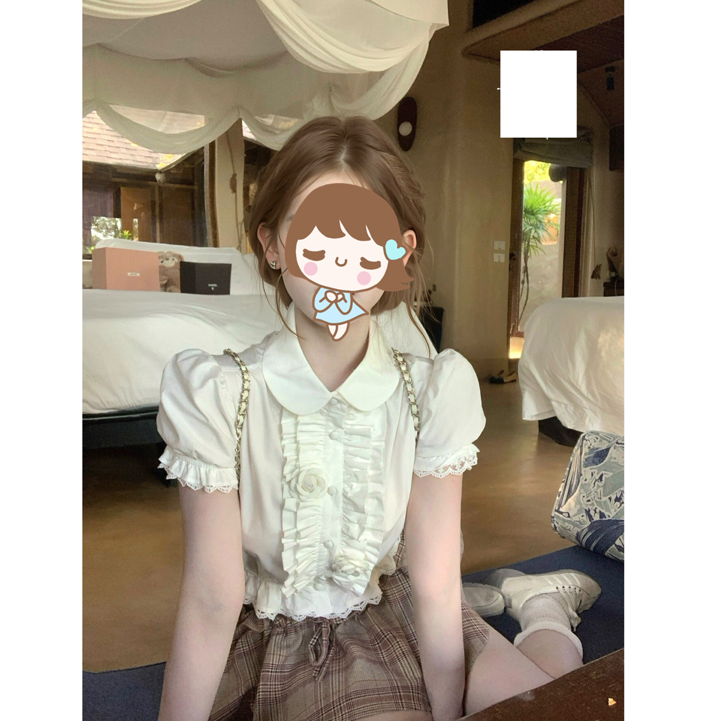 伞伞迟2/s6s dating日 花朵翻领花边短袖衬衫格纹花苞系带裙裤