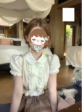 伞伞迟2/s6s dating日 花朵翻领花边短袖衬衫格纹花苞系带裙裤