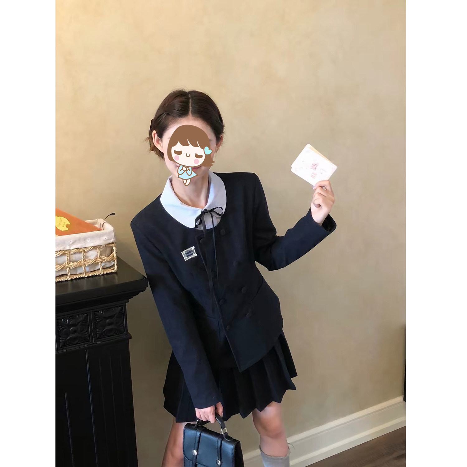 了桃可《少女祈祷》好版型西装外套+蓝色百褶半裙学院风两件套装