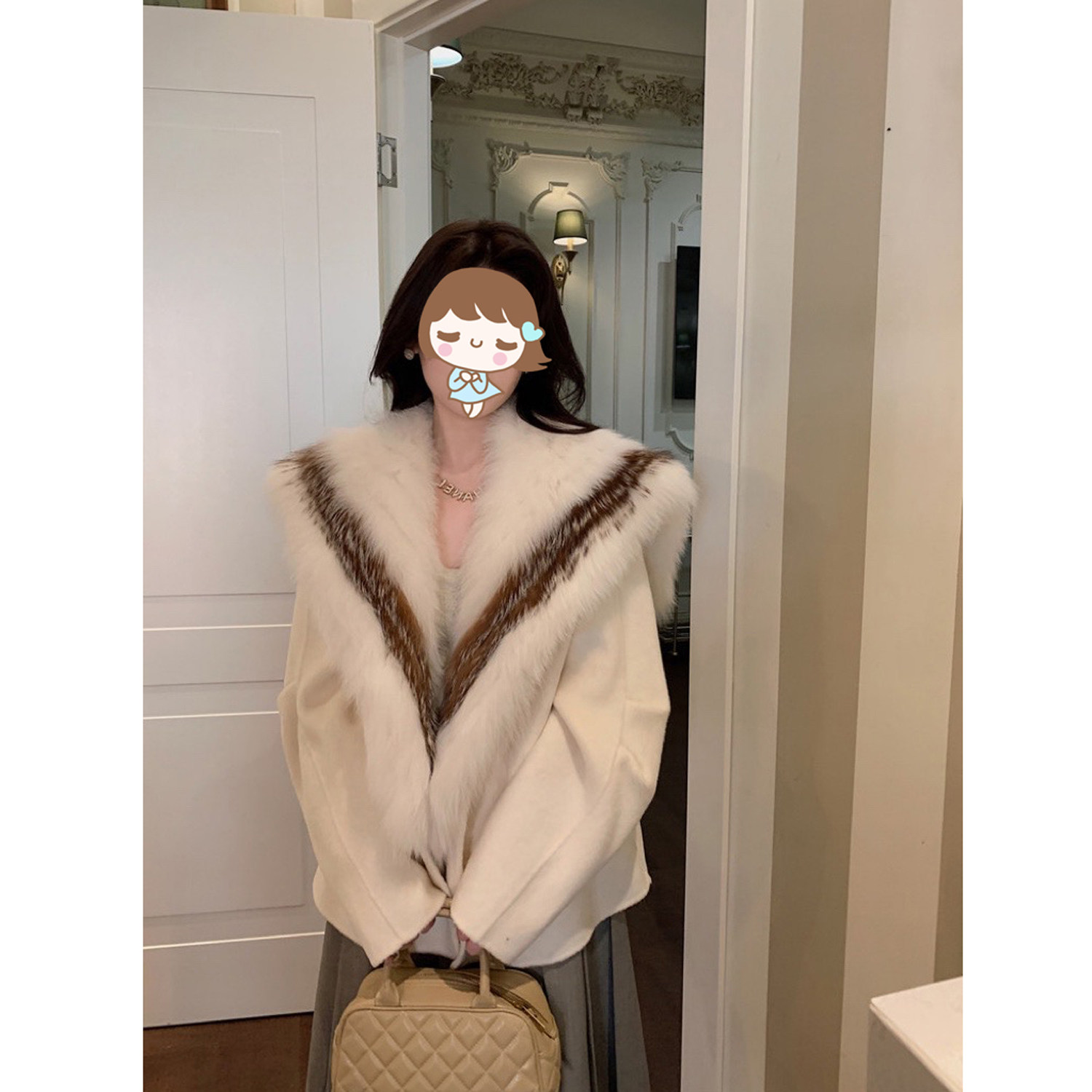 尊2026毛呢外套狐狸新款毛领皮草高级感小毛个子羊大衣女冬双面叶