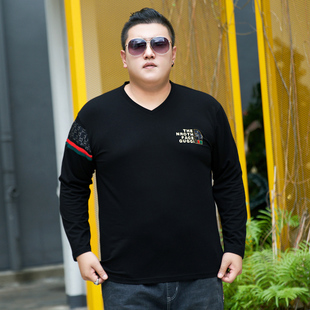 肥佬男装加肥加大码薄款长袖V领t恤特大号春装上衣肥人衣服潮体恤