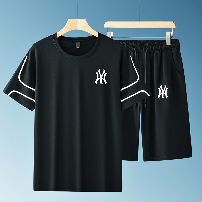 胖子男士加肥加大码休闲运动套装短裤短袖T恤搭配睡衣夏装两件套