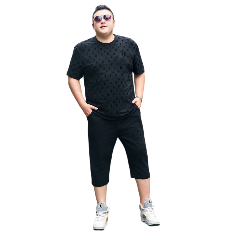 時尚男裝加肥加大碼短袖t恤七分褲搭配休閑運動套裝肥佬兩件套5XL