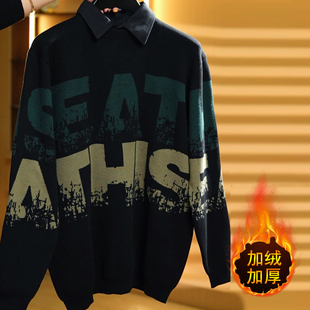 加肥加大码 套头翻领毛线衫 衬衫 针织衫 领毛衣加绒加厚长袖 潮牌男士