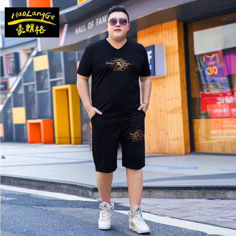 肥佬男士套装加肥加大码宽松短袖t恤短裤搭配休闲运动两件套XXXXL