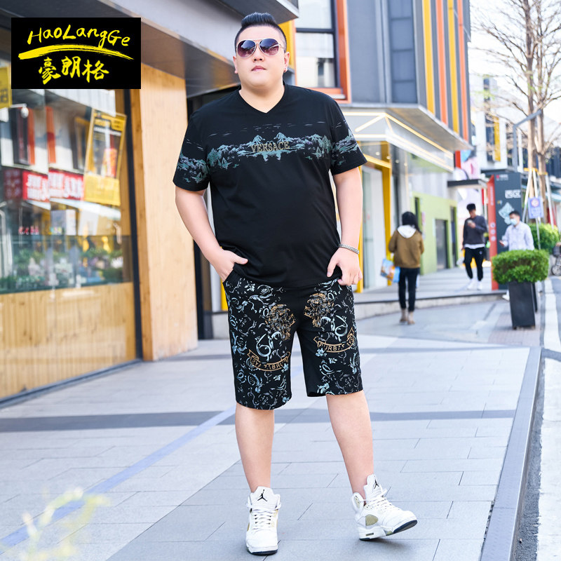 胖子运动套装男夏季宽松肥佬大码男装休闲服短袖加肥加大胖人一套