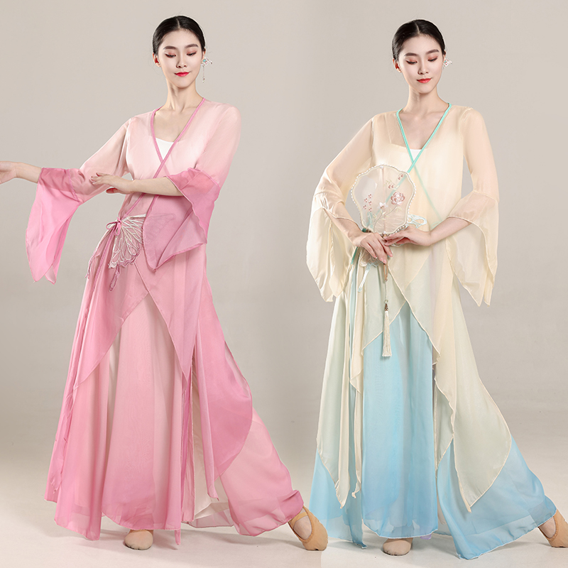 古典舞蹈演出服女飄逸蝴蝶漸變紗衣中國舞成人演出服裝舞蹈練功服