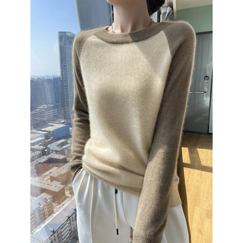 羊绒衫女圆领宽松拼色毛衣针织打底衫秋冬新款中学生羊绒毛衣韩版