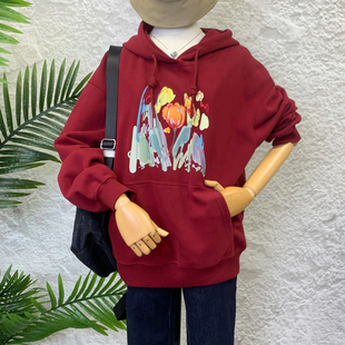 慢一点M3735连帽卫衣女秋冬新款 宽松慵懒加厚印花上衣外套