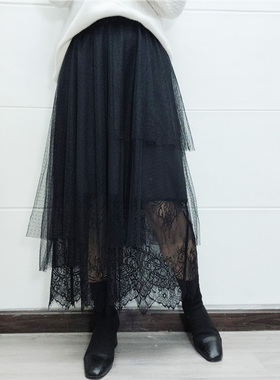 秋冬新款女可路莎C94848蕾丝网纱裙拼接高腰a字裙半裙中长款