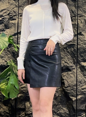 可路莎专柜234653PU皮半身裙女秋冬不规则褶皱A字皮裙包臀短裙