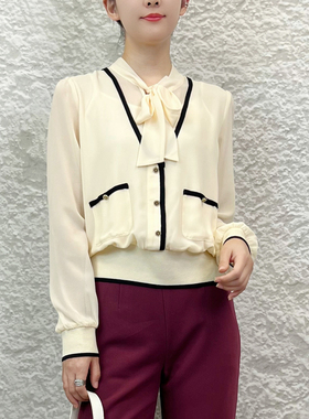 可路莎专柜春秋季新品231124气质假两件小香风雪纺飘带衬衫女