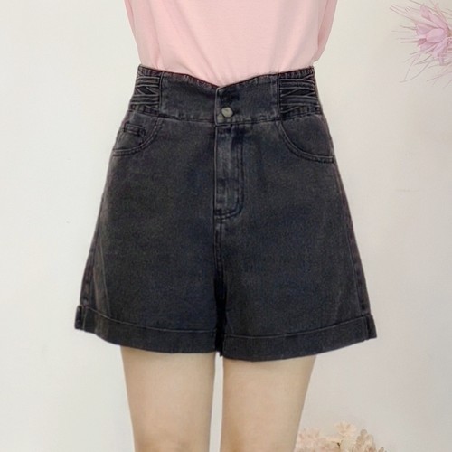 可路莎专柜242493夏季高腰双排扣牛仔短裤女宽松直筒显瘦阔腿热裤
