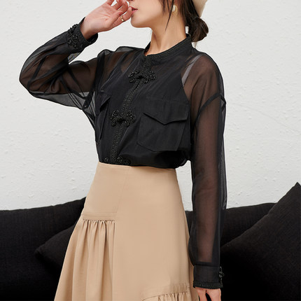 可路莎C211028网纱性感开衫防晒衣女春夏新款复古盘扣衬衣