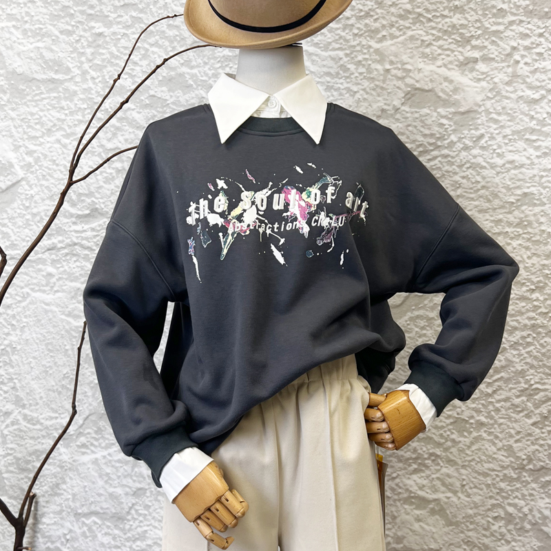 秋冬衬衫领假两件加绒卫衣