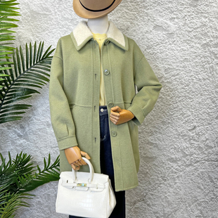 可路莎C208669毛领拼接双面呢秋冬新款衬衫式廓形中长外套女