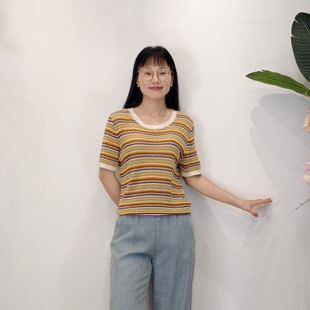 可路莎专柜242644夏季百搭显瘦针织衫女简约通勤彩色条纹园路短袖