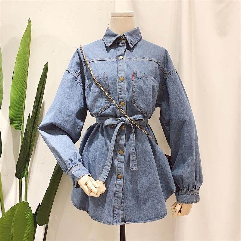 裙女牛仔宽松chic2019春款腰带口袋翻领收衬衣中长款双腰长袖衬衫|ruв категории Женская одежда, рубашка - от Buy2taobao.com для оказания профессиональной услуги покупки агента Taobao