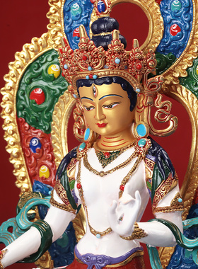 藏式纯铜七寸大白伞盖佛像家用供奉摆件精品全身彩绘1尺铜像装物