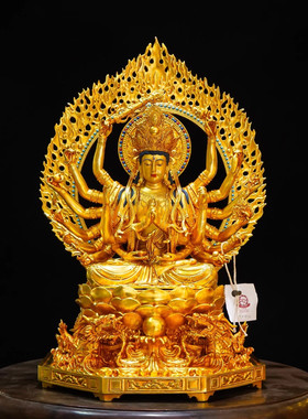 藏传纯铜十寸准提佛母菩萨佛像家用供奉摆件精品仿古鎏金密宗铜像