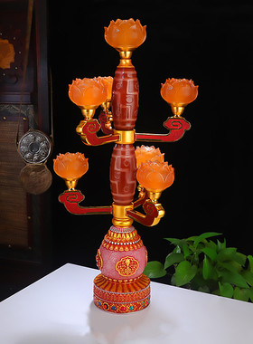 五品LED天珠莲花灯树脂民族风桌面节能环保仿真火焰七品摆放供灯
