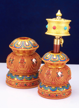 彩绘树脂3cm圆孔手摇八吉祥底座转金筒座子锡杖彩绘底座手摇摆件