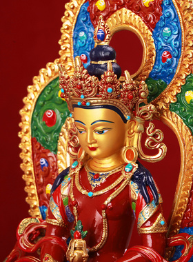 藏式纯铜七寸长常寿佛像家用供奉摆件精品全身彩绘1尺铜像可装物