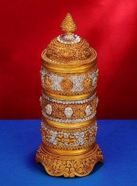 尼泊尔纯铜米盒米罐式家用积累资粮收纳盒铜鎏金鎏银手工米盒大小