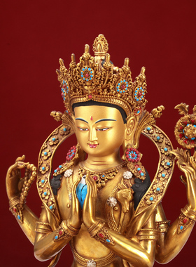 藏式纯铜七寸四臂观音像佛供奉摆件精品全身1尺家用装物尼泊尔民