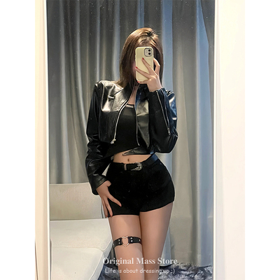 O.M.Store 黑色立领皮衣外套女秋季高级感小个子机车短款夹克上衣