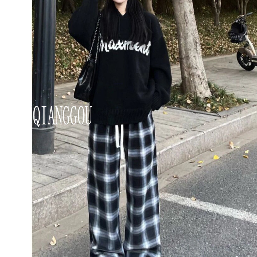 长裤黑白格子裤子男女宽松大码直筒垂感休闲阔腿裤复古百搭平脚裤