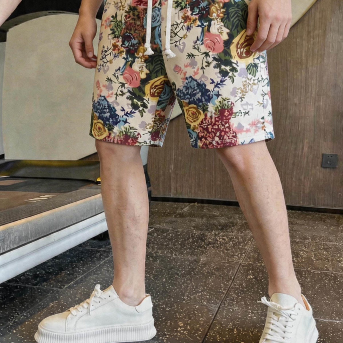 美式复古短裤男士2026夏季新款潮牌松紧腰玫瑰满印休闲直筒五分裤