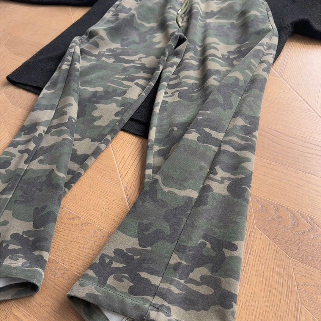 美式复古迷彩休闲裤男款春秋季重磅垂感阔腿裤子宽松直筒运动裤
