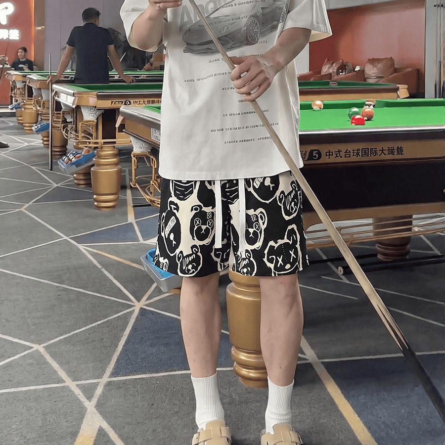 复古做旧小熊短裤男女网红同款沙滩裤抽绳五分裤慵懒阔腿休闲中裤