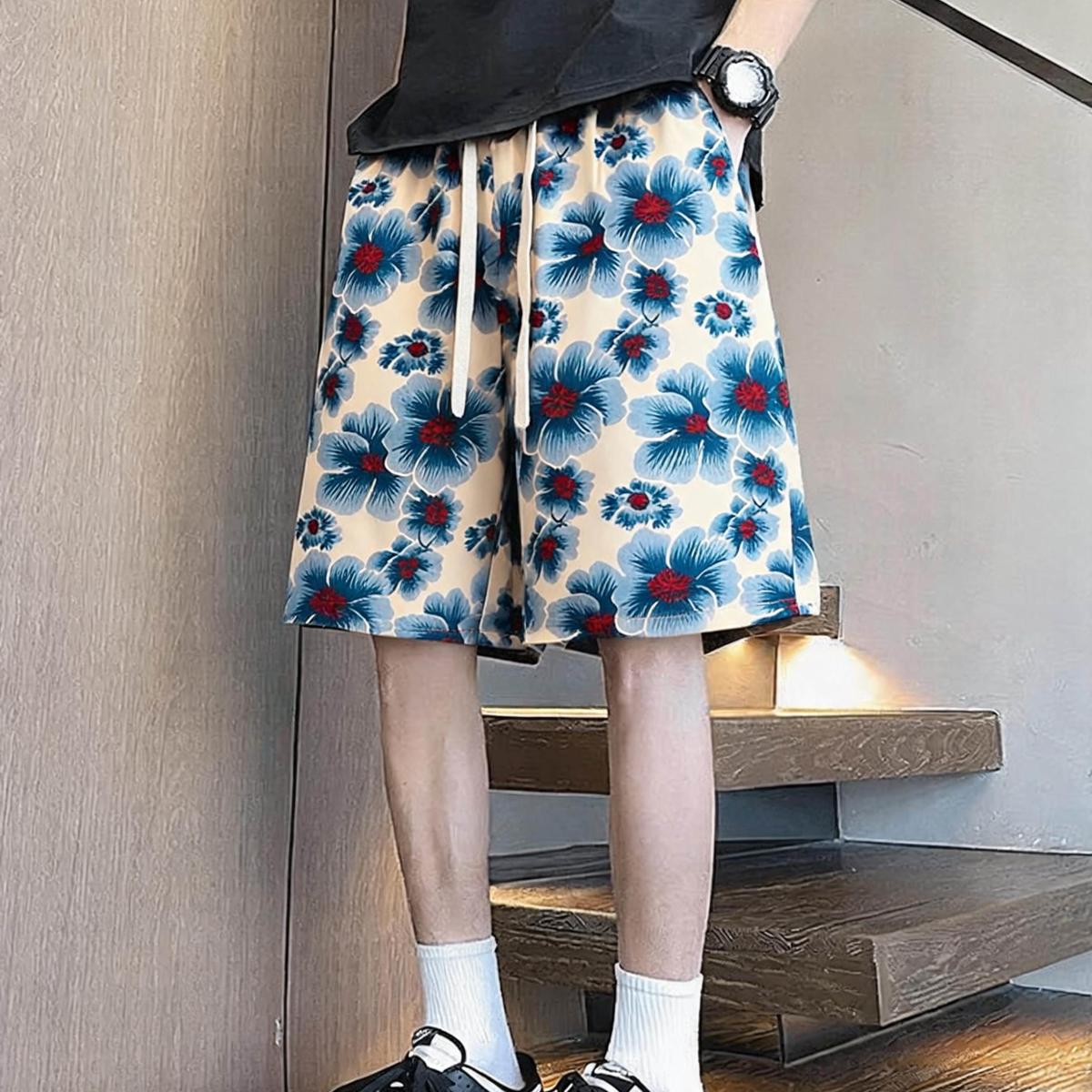 复古撞色花朵短裤男女夏季宽松显瘦薄款舒适高街潮流休闲五分裤