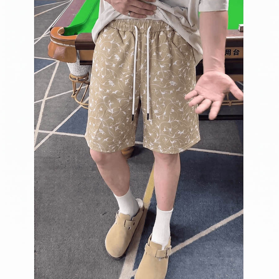 花藤蔓碎花短裤夏款情侣外穿抽绳松紧腰透气速干潮流五分沙滩裤