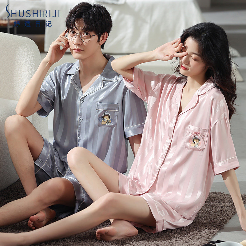 情侣睡衣夏季冰丝短袖短裤凉感套装仿真丝绸2023年新款男女家居服