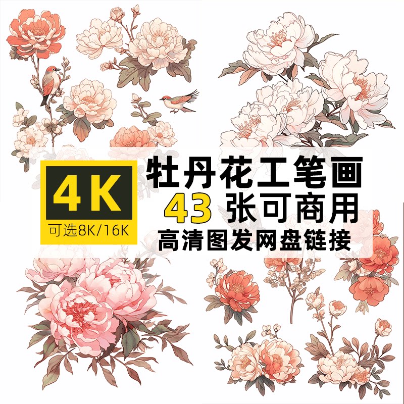 高清4K纯色背景图片牡丹花卉工笔画风格PS设计图案装饰可商用素材
