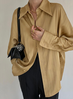 黑色缎面条纹衬衫女设计感小众宽松长袖韩系 别致上衣复古港味