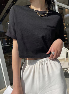 MASA 精致凉感c科技丝滑醋酸蚕丝短款高腰t短袖宽松圆领辣妹纯色