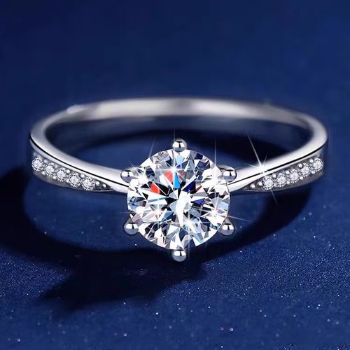 S925纯银莫桑石戒指六爪70分求婚钻戒圈号开口可选婚戒女闭口指环