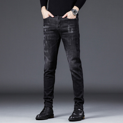 香港2025新款黑色牛仔裤男春秋季修身小脚弹力百搭潮流休闲长裤子