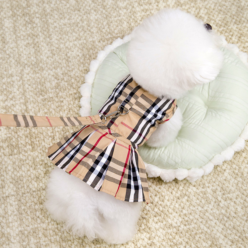 狗狗衣服春夏装夏季薄款英伦格纹裙子带牵绳宠物猫小型犬泰迪比熊
