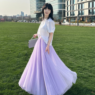 2026新款网纱半身裙女春夏季显瘦垂坠感A字裙大摆高腰长裙蓬蓬裙