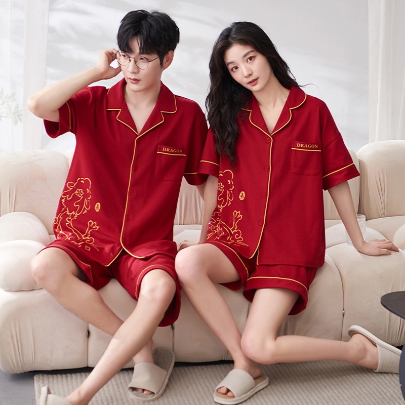 남성과 여성을위한 여름 커플 잠옷 순면 반팔 반바지 가디건 얇은 잠옷 동물 년 빨간색 봄 여름 정장