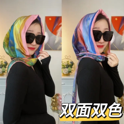 春夏新款双面双色多用丝巾帽旅行拍照防晒遮阳帽薄款缎面头巾帽女